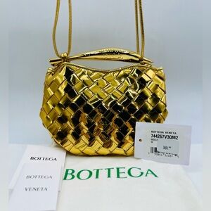 Bottega Veneta Sardine Gold Mirror Leather Handle Bag Removable Strap AUTH $3650